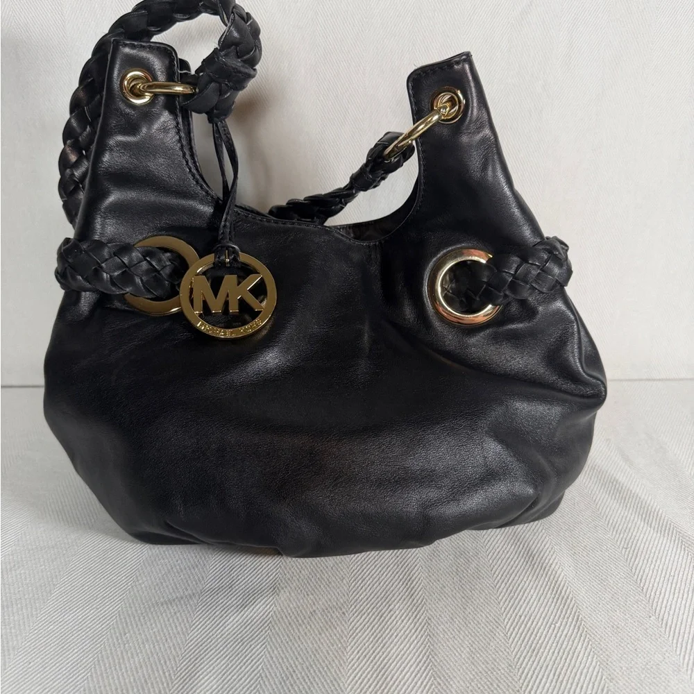 Michael Kors Black Leather Hobo Tassels Gold Accents Shoulder Handbag Purse